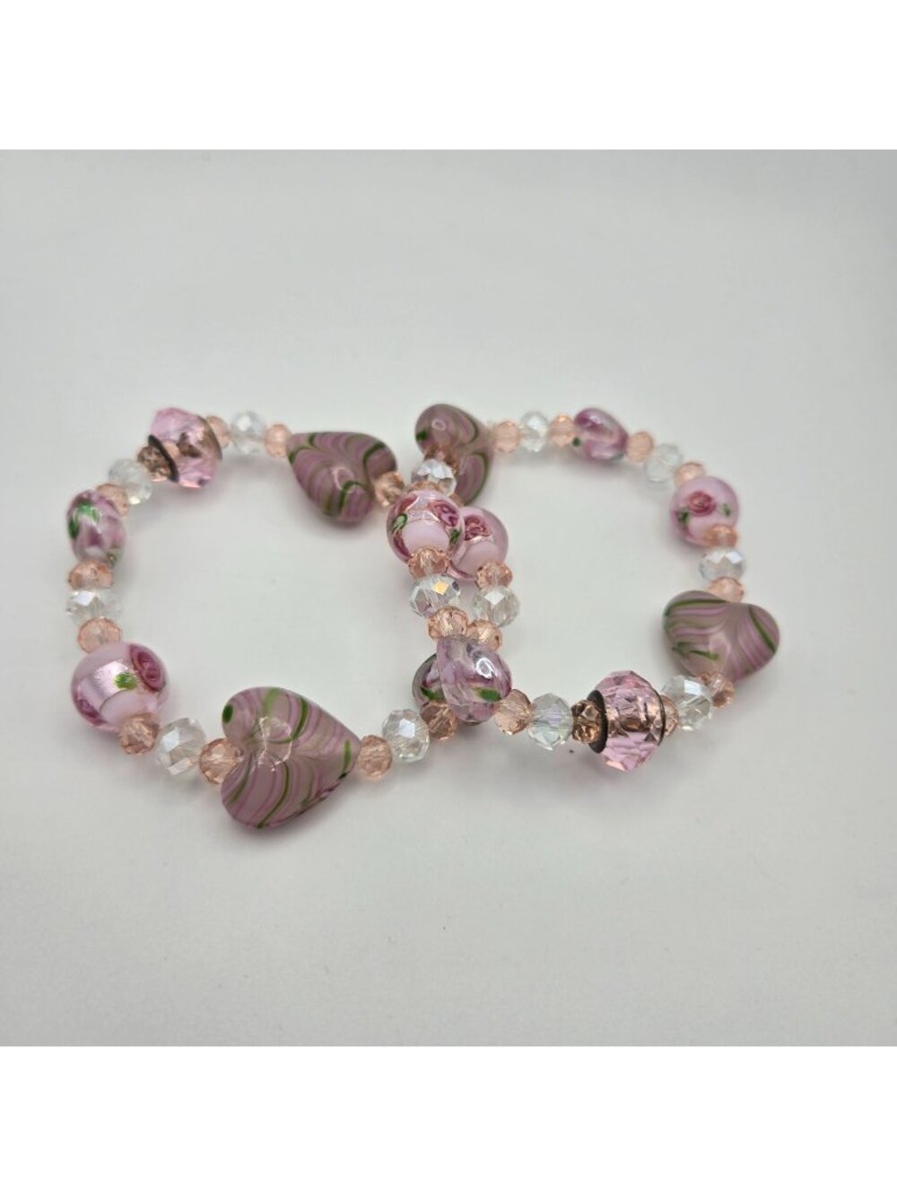 Vintage Pink Bracelets Hearts Rose Quartz Beaded Lampwork Glass Lot 2